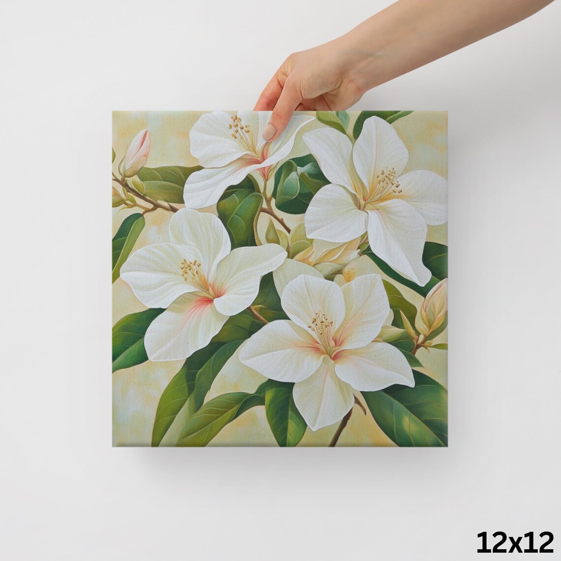 White Hibiscus Blossoms Green Leaves Cream Painting Art Poster - Image 2