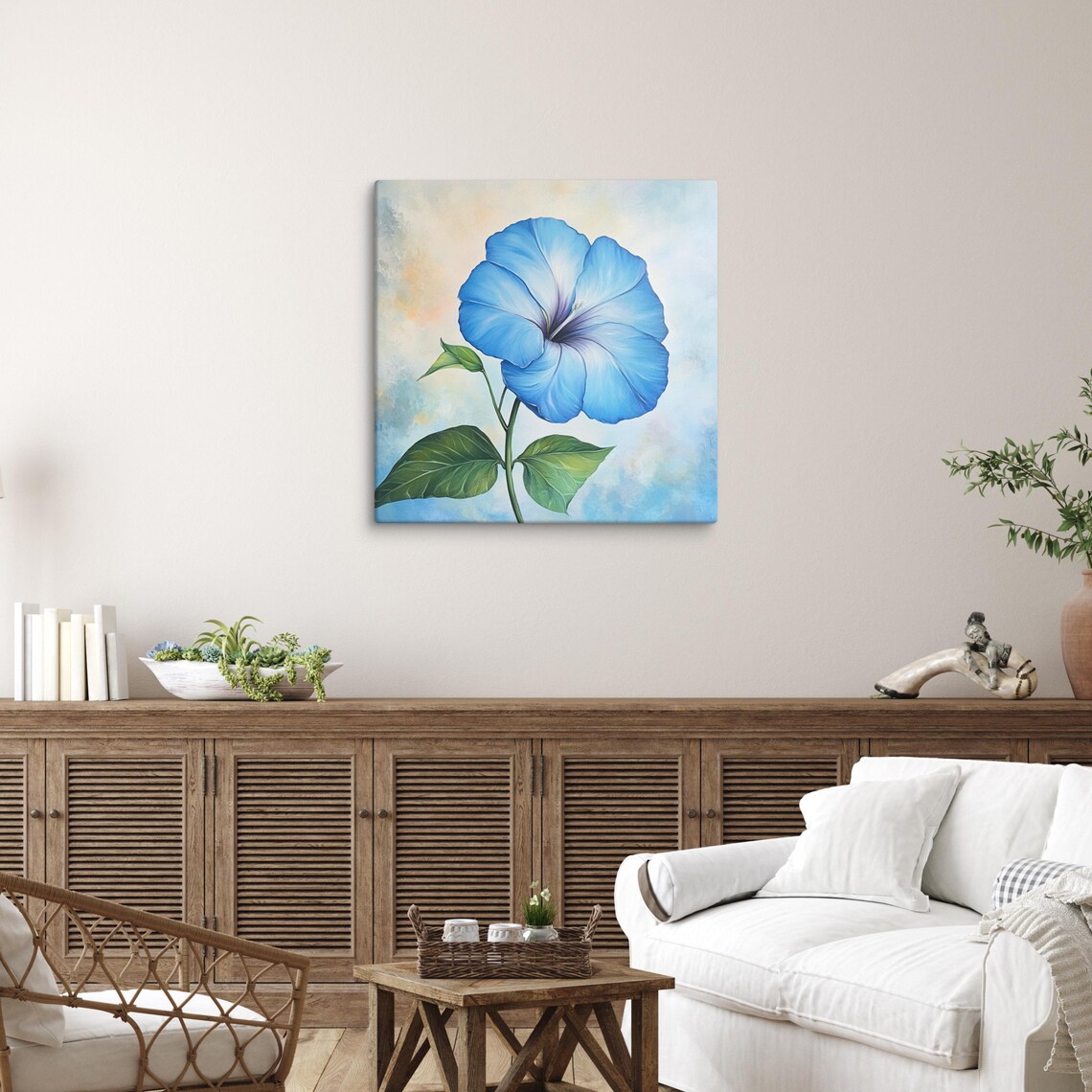 Blue Morning Glory Large Fresh Bloom Pastel Floral Painting Print - Image 4