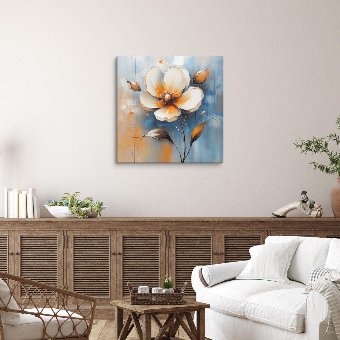 White Flower Orange Amber Center Blue Abstract Modern Statement Poster - Image 2
