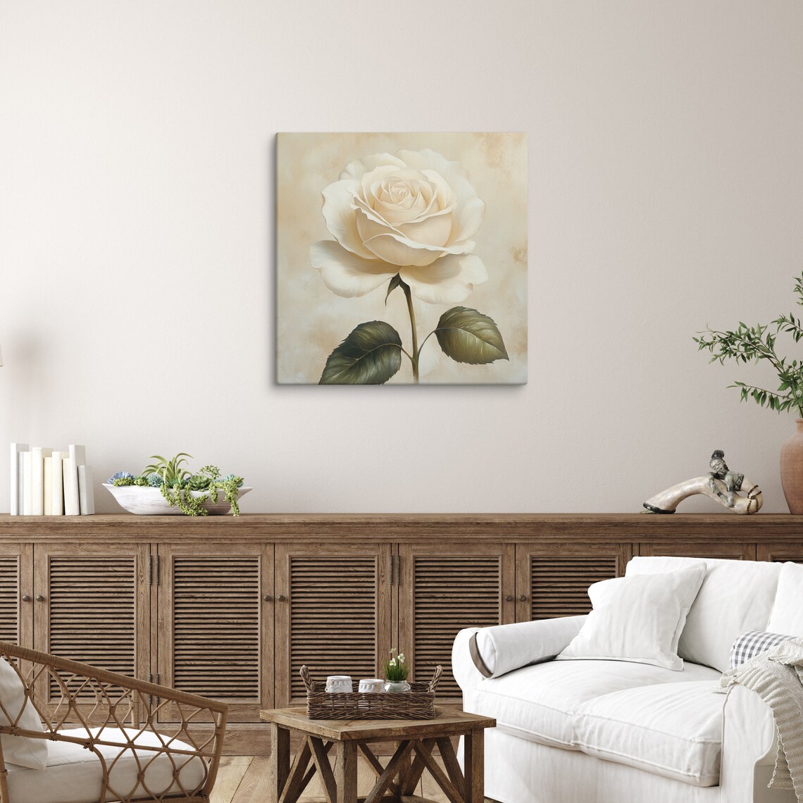 White Rose Bloom Close Up Cream Petals Painting Print Poster - Image 5