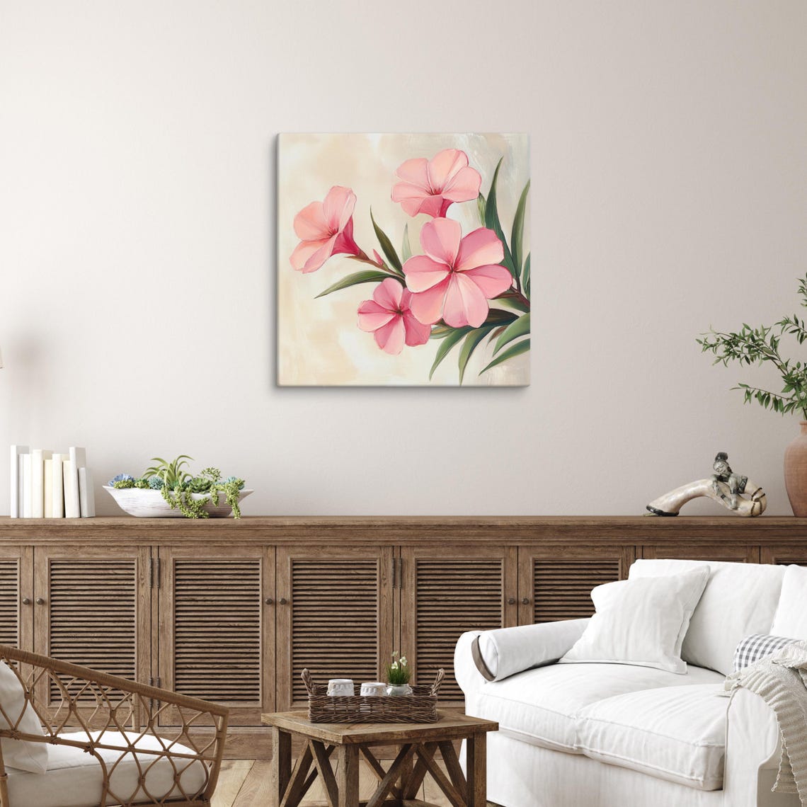 Pink Oleander Blossoms Cluster Cream Background Painting Art Poster - Image 5