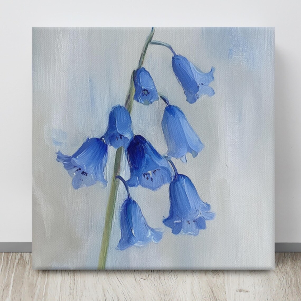 Blue Bluebell Bell Flowers Hanging on Soft Gray Painting Poster - Image 4