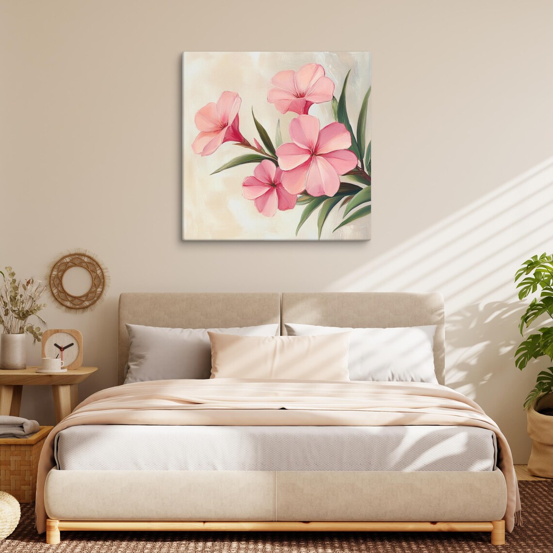 Pink Oleander Blossoms Cluster Cream Background Painting Art Poster - Image 2