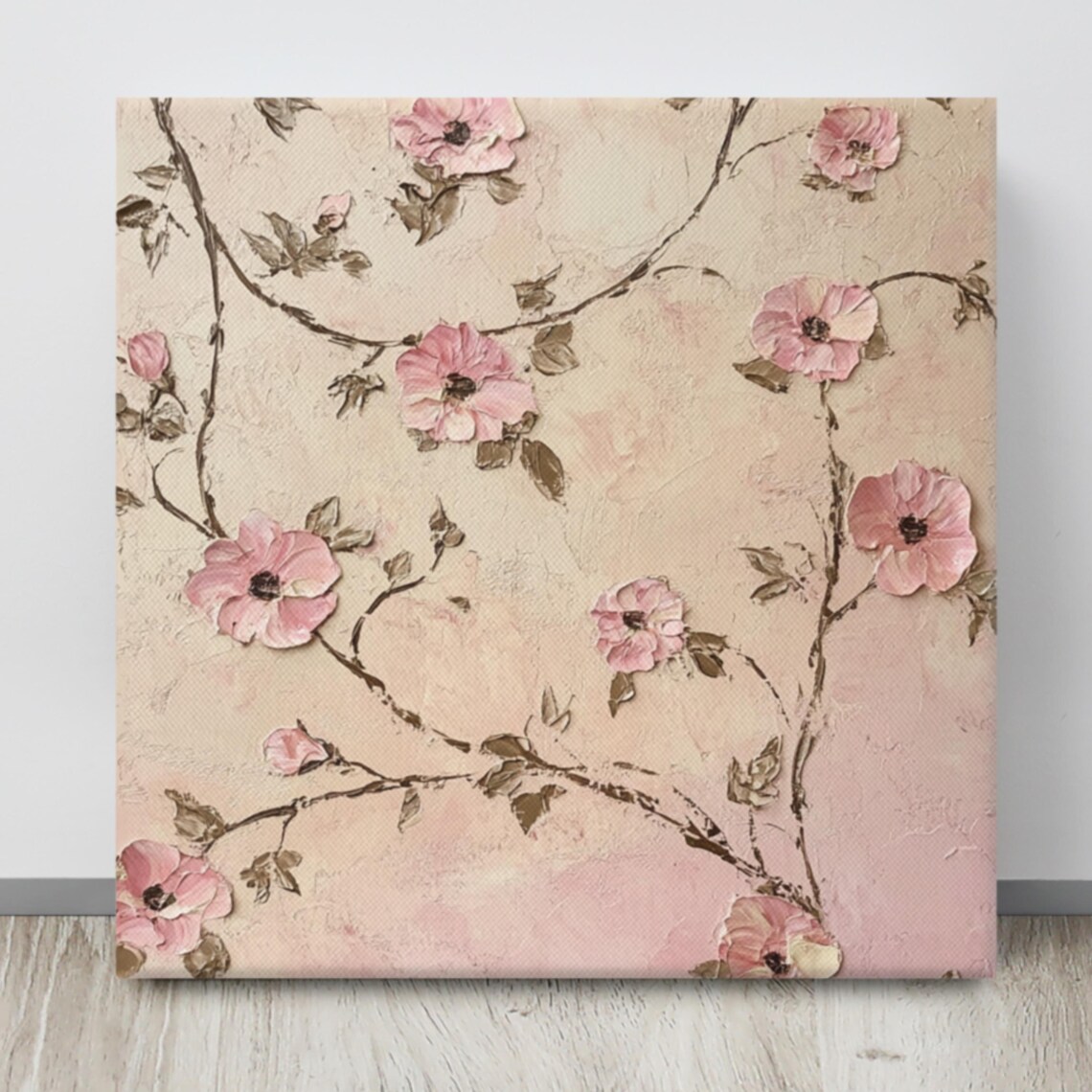 Pink Blossom Branches Textured Blush Floral Impasto Wall Art - Image 4