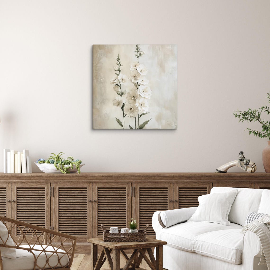 Tall White Snapdragon Flower Spikes Vintage Beige Floral Print - Image 3