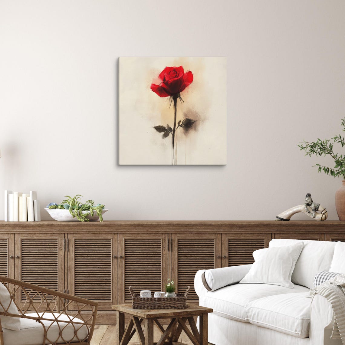 Red Rose Tall Stem Minimalist Watercolor Cream Elegant Romantic Poster - Image 2