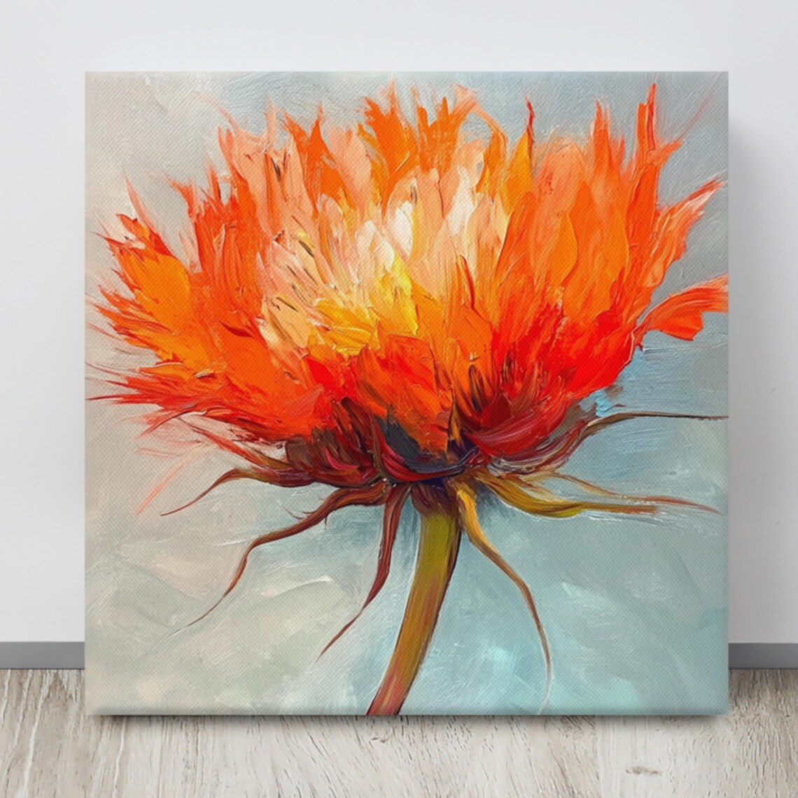 Orange Safflower Bloom Fiery Petals Blue Gray Impasto Wall Art - Image 4