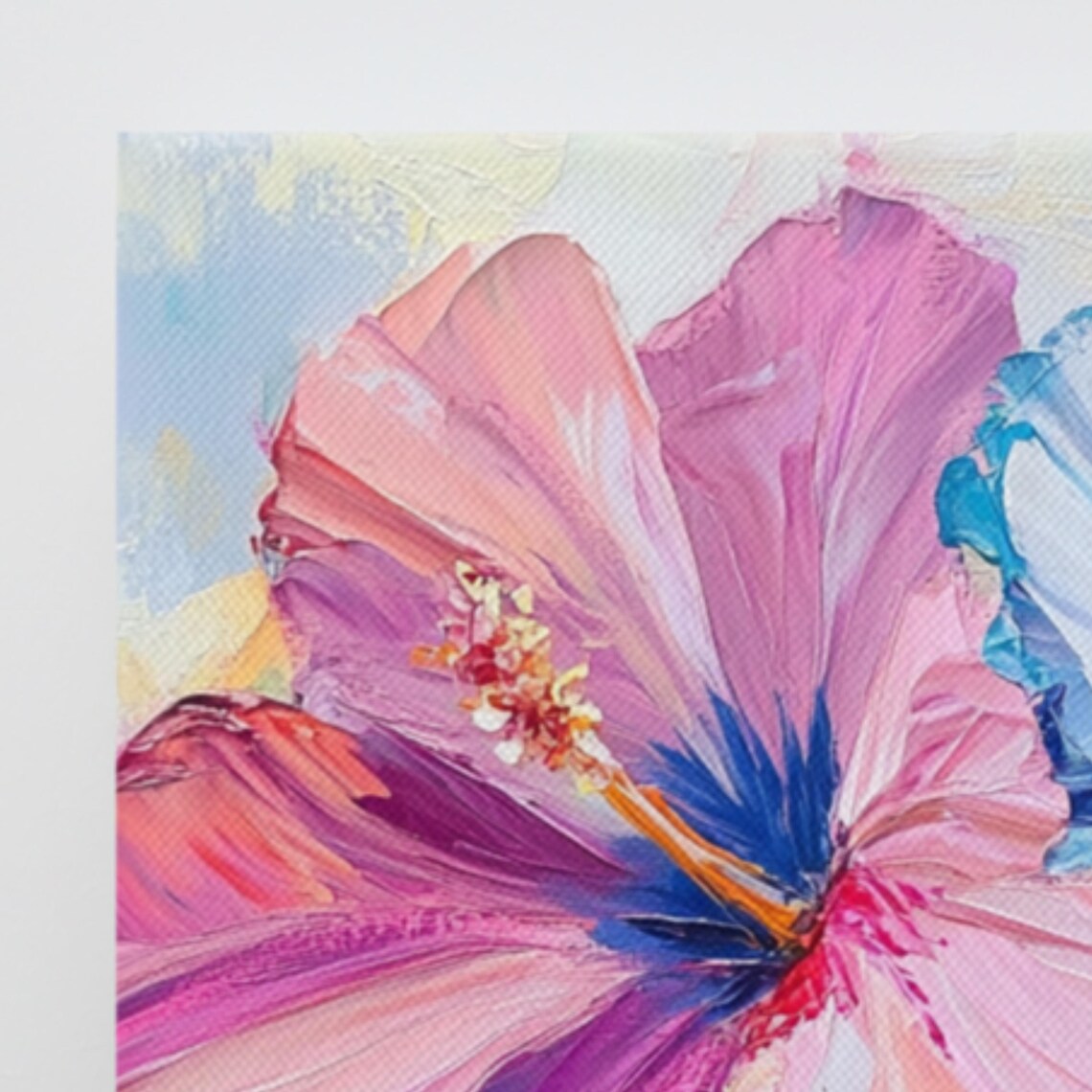Pink Blue Hibiscus Blooms Impasto Flower Painting Print Poster - Image 3