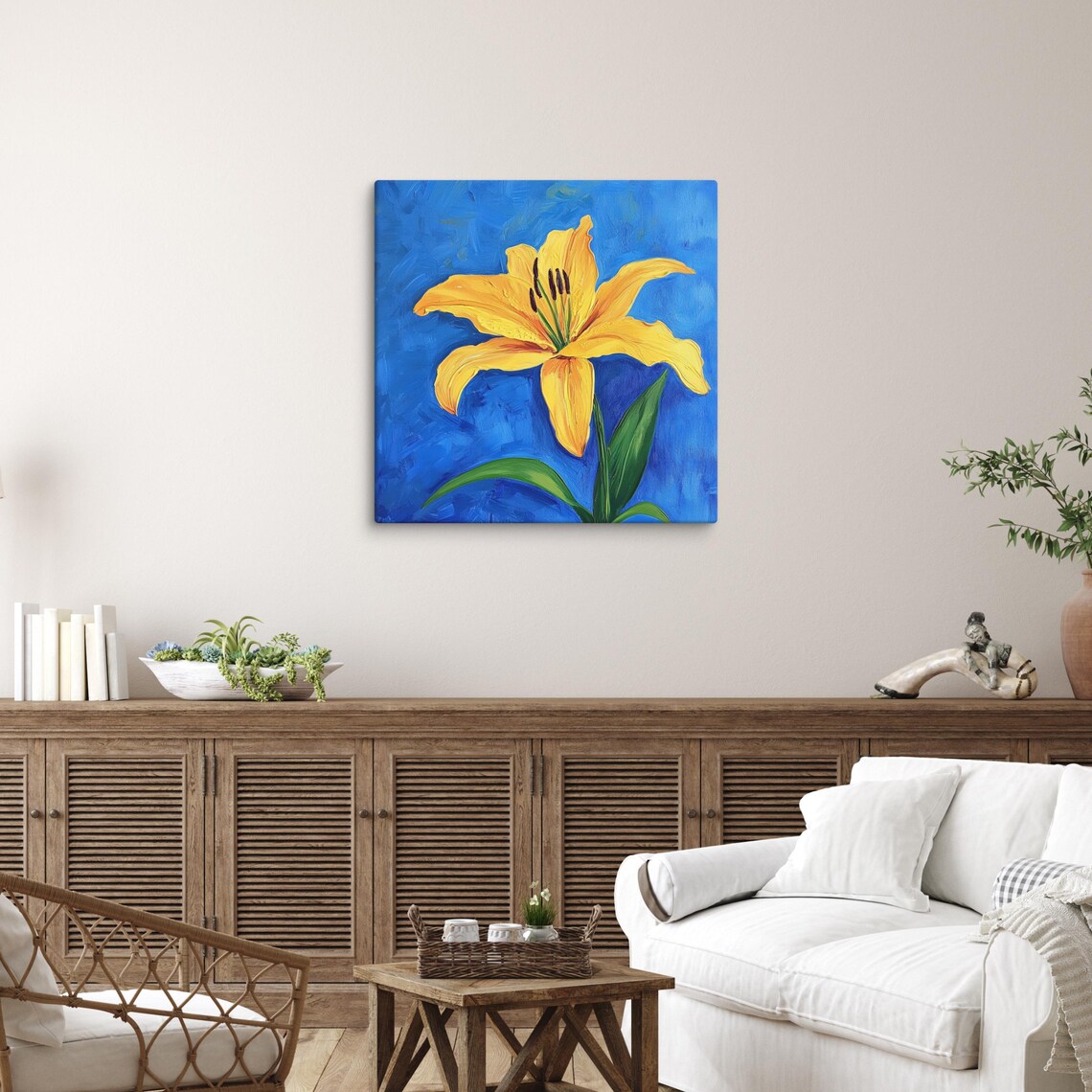 Golden Yellow Lily Bold Blue Background Botanical Floral Art Poster - Image 3