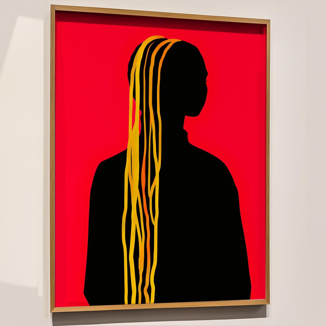 Bold Red Abstract Female Silhouette With Yellow Braids Wall Art
