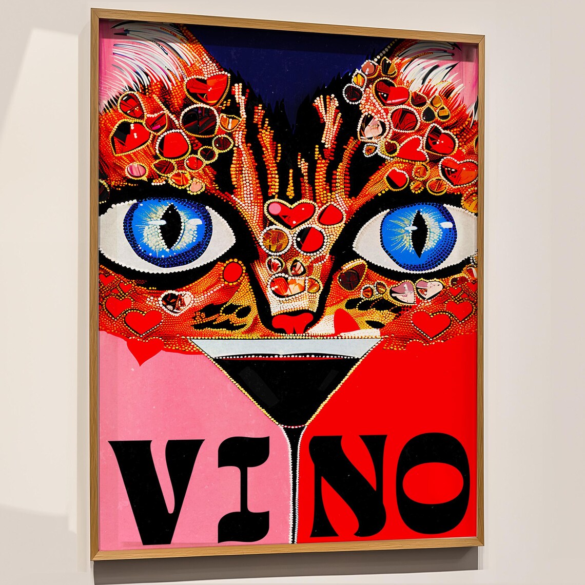 Vino Cat With Martini Jeweled Hearts Retro Cocktail Bar Art Poster