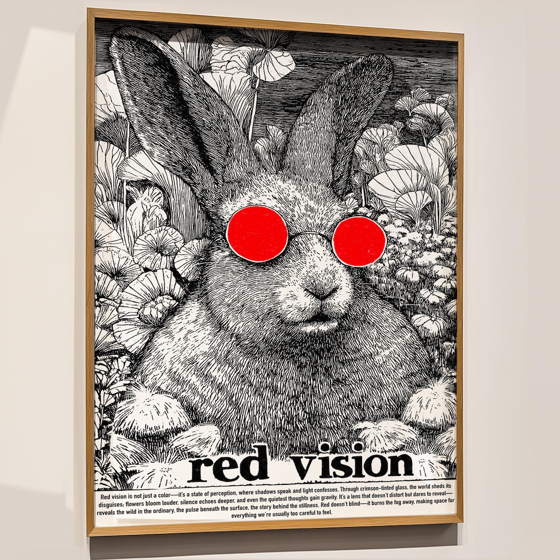 Red Vision Rabbit Surreal Ink Illustration Animal Art Poster