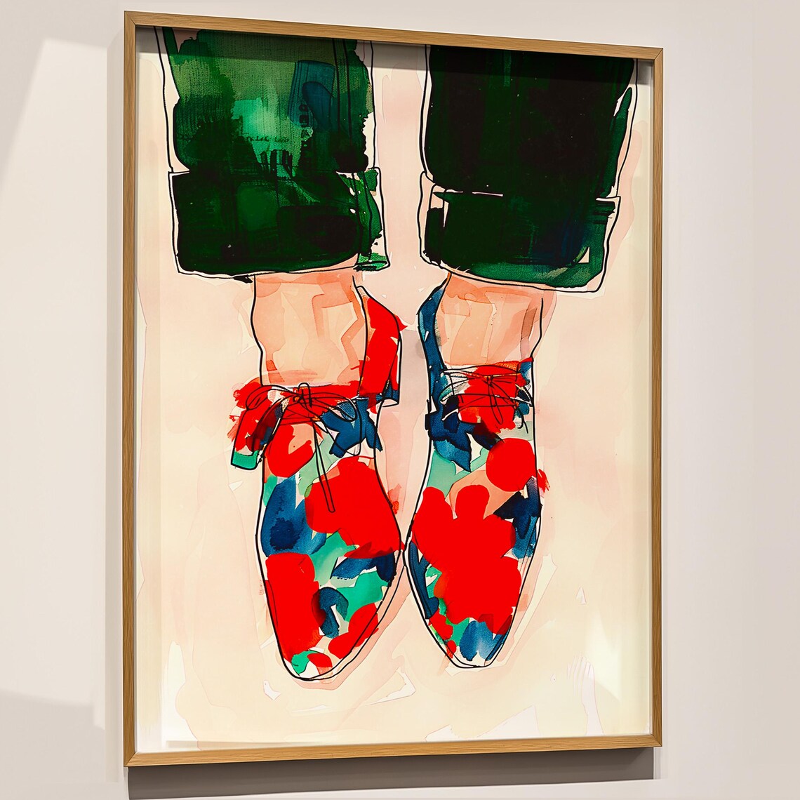 Floral Lace-Up Shoes In Green Trousers Fashion Watercolor Art Print