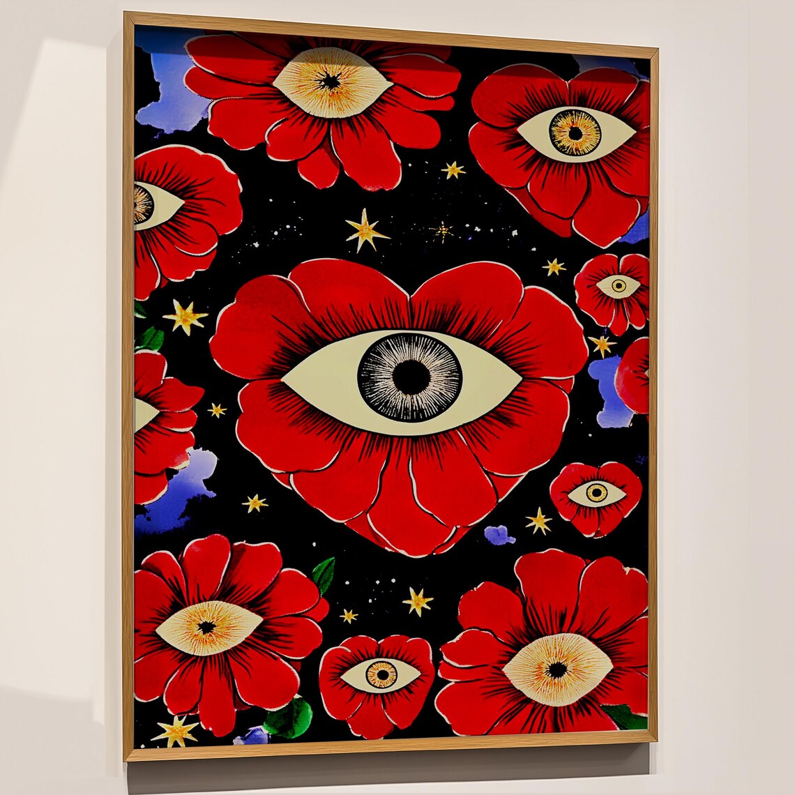 Mystic Red Flowers With Eyes Starry Night Surrealist Art Poster