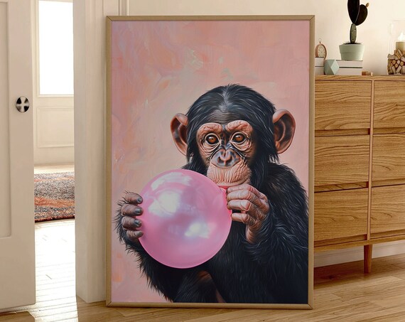 Monkey Print Pink Balloon Animal Preppy Poster Trendy Maximalist Painting Modern Boho Wall Art Girly Dorm Tween Teen Room Decor Frame Canvas