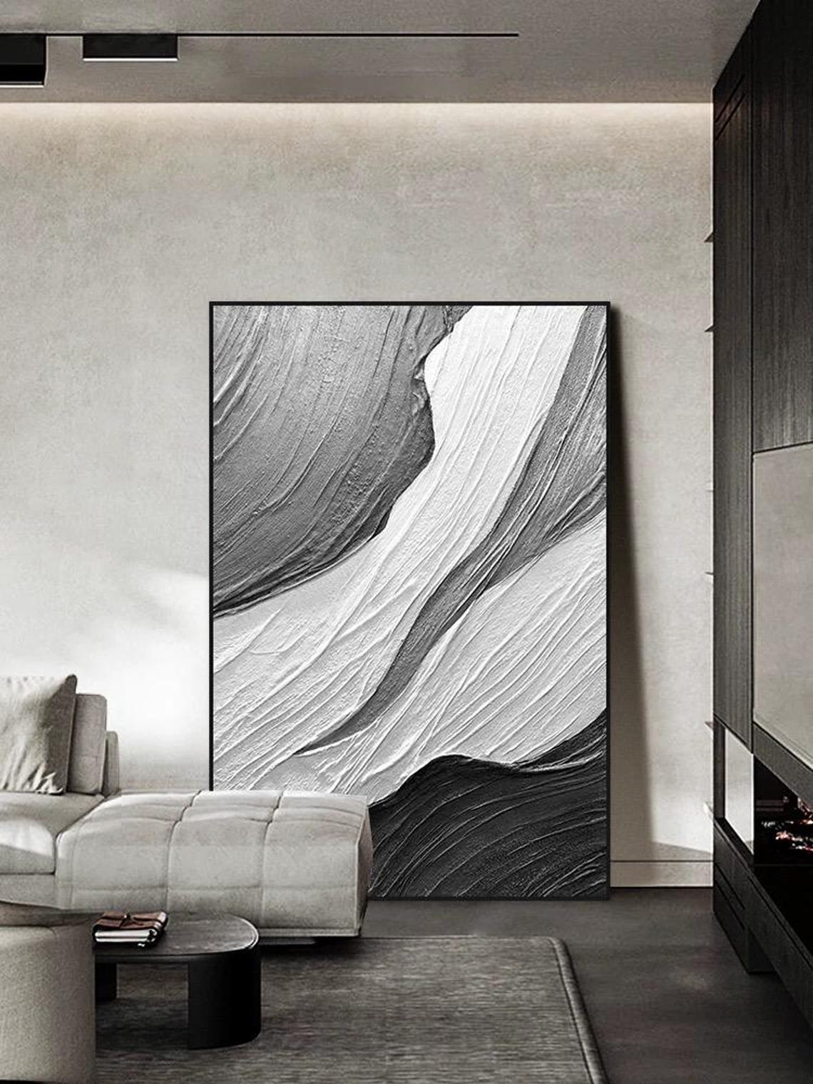 Gray Black White Diagonal Flowing Strokes Textured Art Poster - Image 2