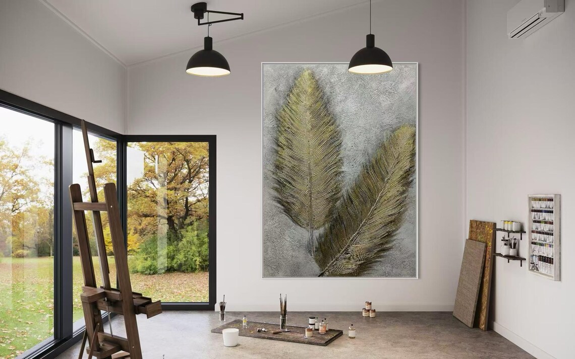 Gold Feather Oil Art Vertical Brushstroke Handmade Painting Sliver Background Thick Texture Acrylic Art Abstract Home Wall Decor - Image 3