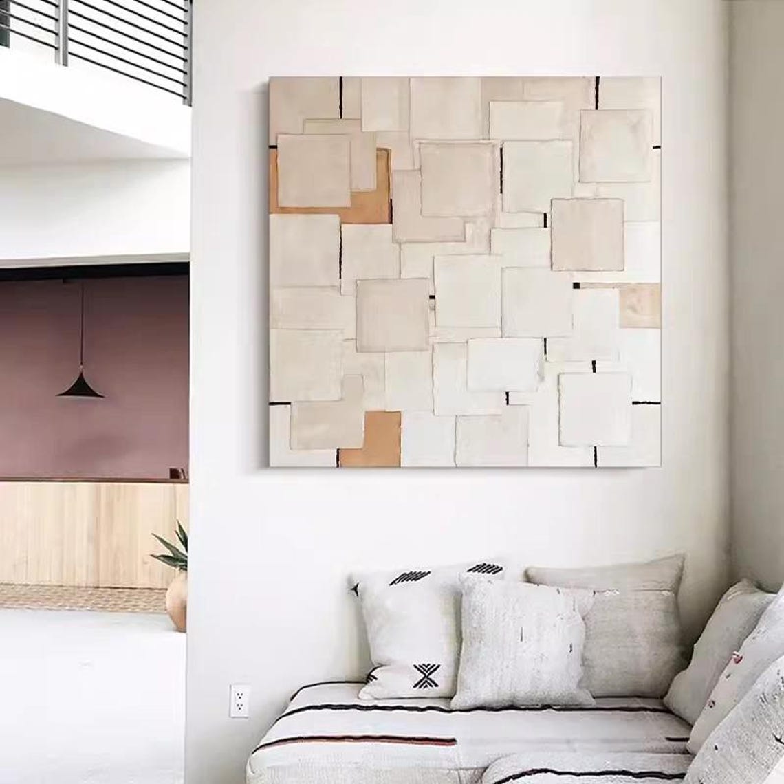 Beige White Orange Geometric Squares Abstract Modern Texture Poster - Image 2