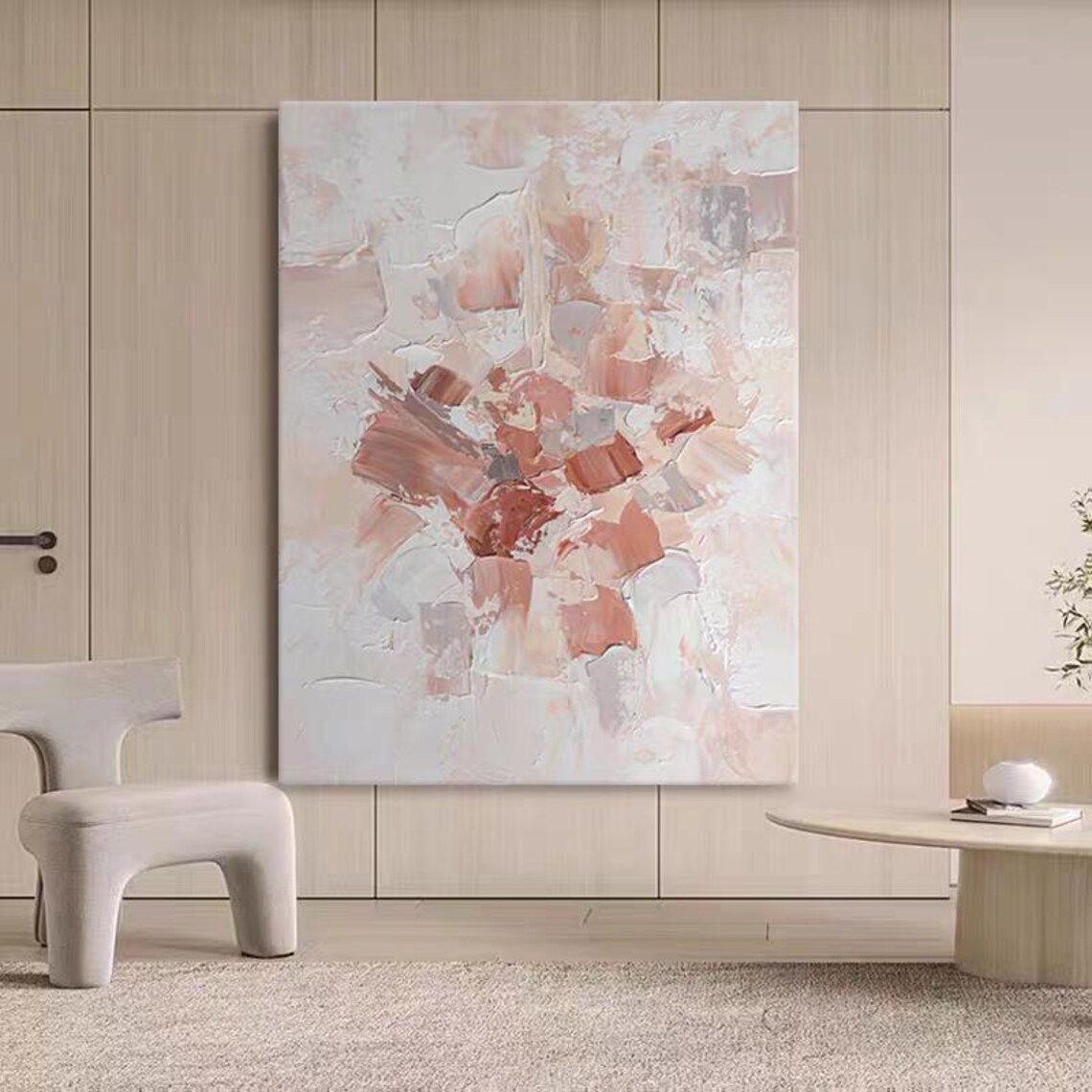 Pink Whit Brushstroke Acrylic Painting Modern Custom Artwork Thick Texture Hand Painted Oil Painting Extra Large Wall Art Artistic Decor - Image 3