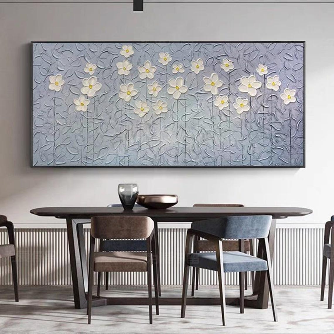 White Flowers on Blue Background Textured Floral Modern Art Poster - Image 3