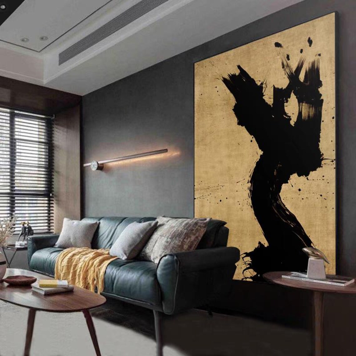 Abstract Black Textured Oil Painting Yellow Background Hand Painted Art Brushstrokes Acrylic Artwork Extra Large Wall Artwork Decor - Image 3