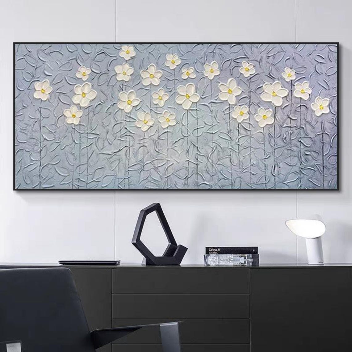 White Flowers on Blue Background Textured Floral Modern Art Poster - Image 2
