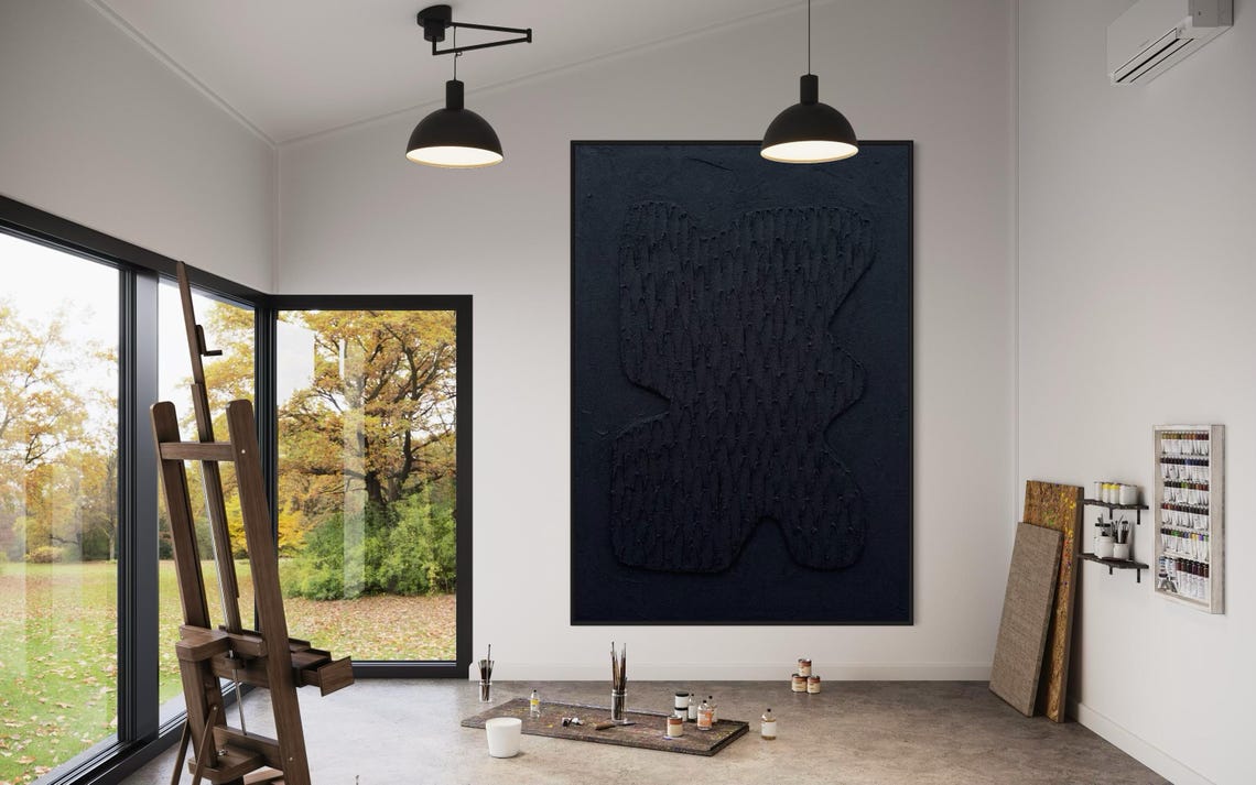 Solid Black Minimalist Organic Blob Sculptural 3D Textured Art Poster - Image 3
