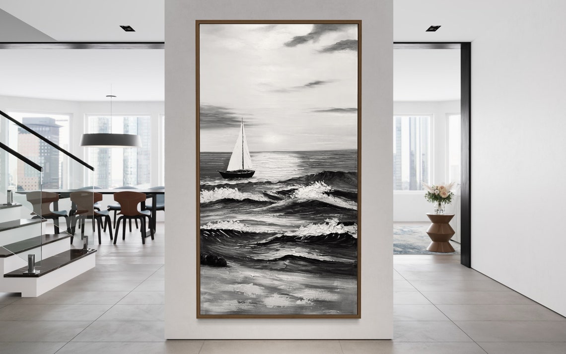 Black White Sailboat Moonlit Ocean Vertical Seascape Textured Wall Art - Image 2