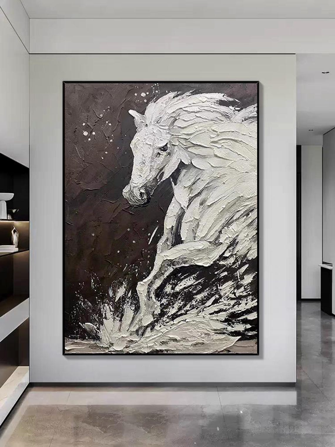 White Galloping Horse on Black Background Textured Animal Art Poster - Image 3