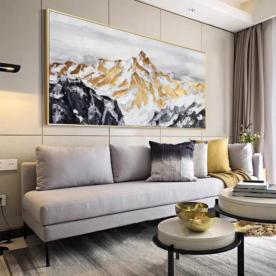 Gold Mountain Top Oil Painting Custom Black White Mountain Handmade Canva Art Extra Large Horizontal Drawing Room Wall Decor Artwork - Image 3