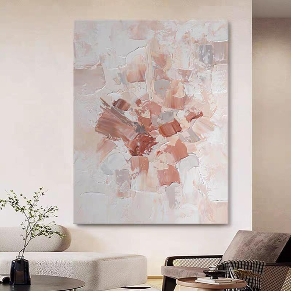 Pink Whit Brushstroke Acrylic Painting Modern Custom Artwork Thick Texture Hand Painted Oil Painting Extra Large Wall Art Artistic Decor - Image 2