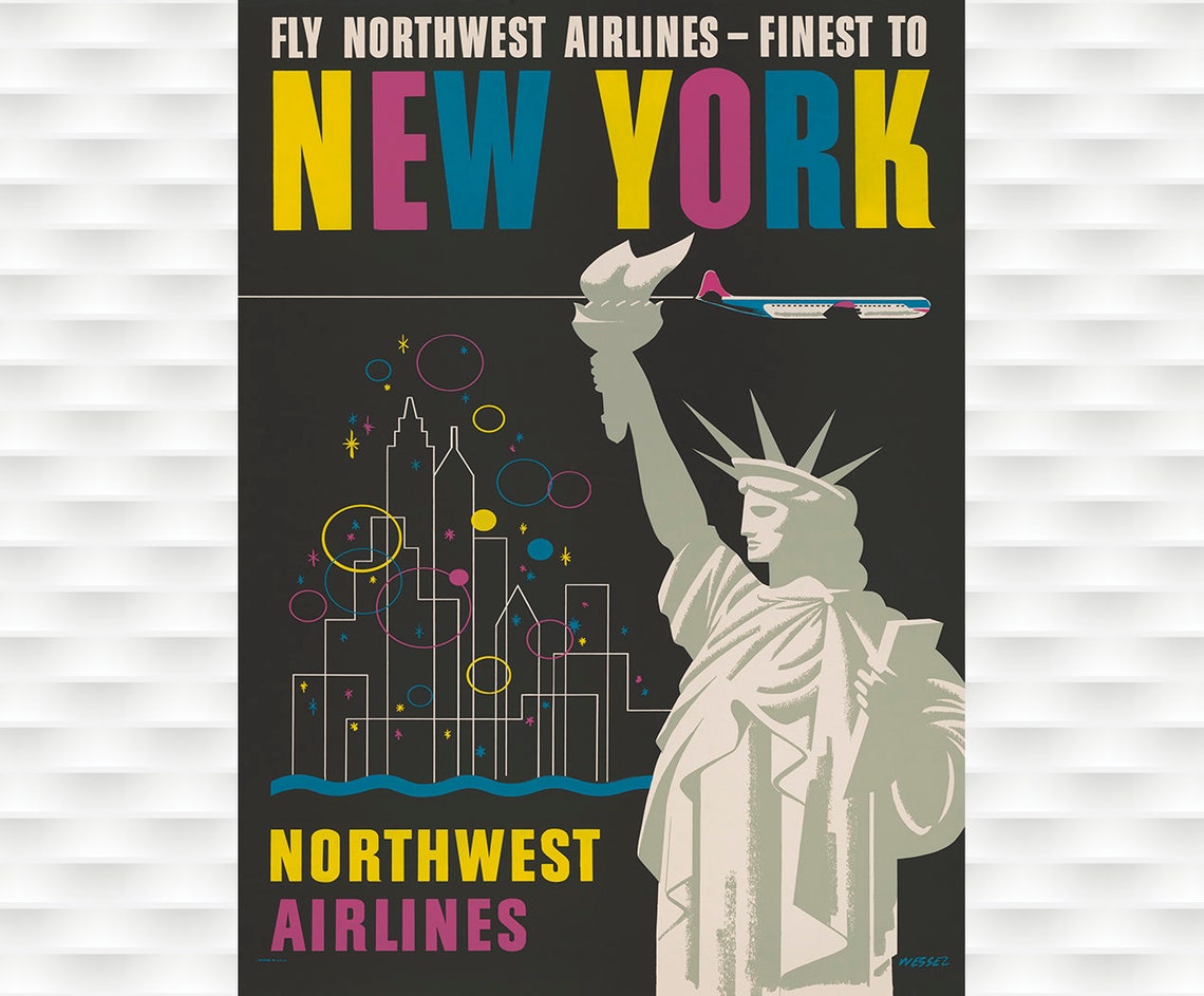 Fly Northwest Airlines Finest to New York Liberty Skyline Poster