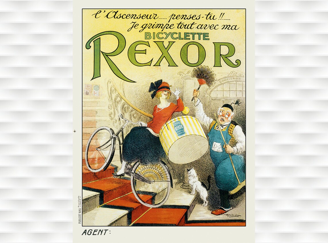 Rexor Bicycle Woman Climbing Stairs French Humor Classic Ad Poster