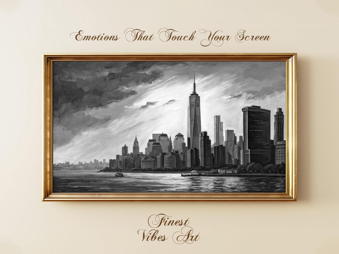 Black And White New York Skyline Art For Frame Tv Nyc Cityscape