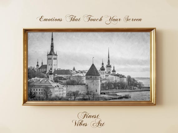 Black And White Medieval Cityscape Art Historic European Architecture Castle Tower Nordic Vintage Decor