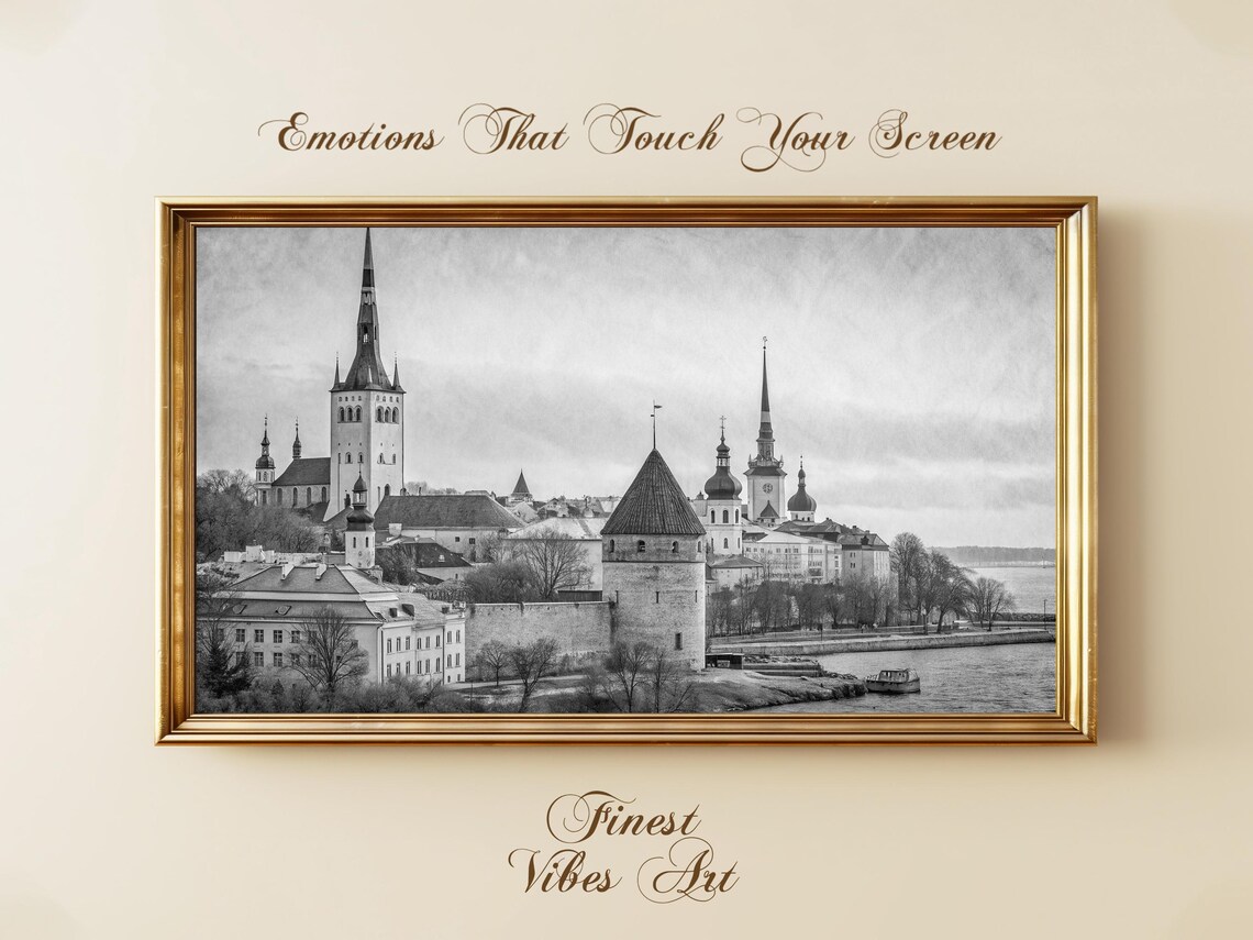Tallinn Old Town Black and White Medieval Waterfront Cityscape Poster