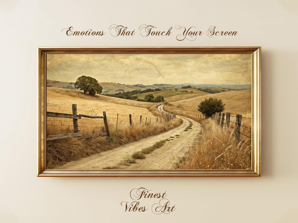 Country Dirt Road Golden Hills Vintage Farmhouse Landscape Poster
