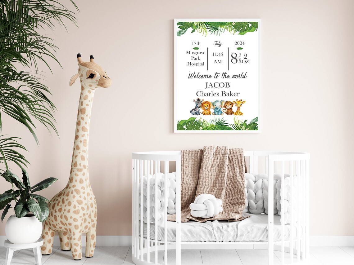 Personalised Baby Birth Details Safari Animals Nursery Poster - Image 2