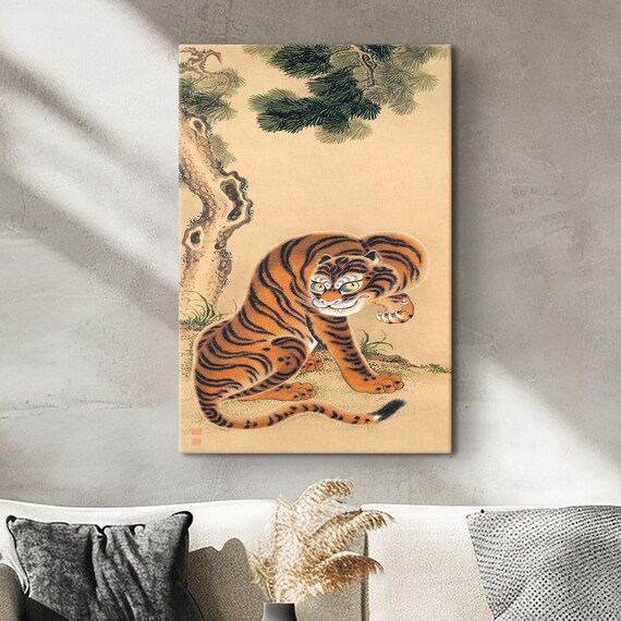 Japanese Tiger Cleaning Paw Beneath Pine Tree Vintage Style Poster