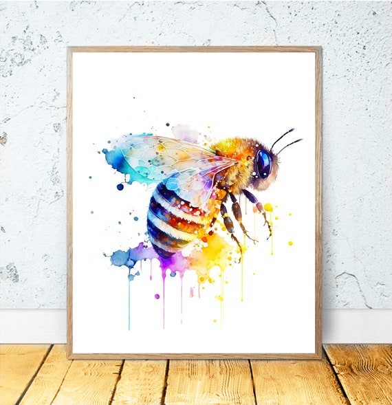 Watercolor Bee Art Honeybee Print Poster Wall Decor Bee Painting Bumblebee Honey Bee Nature Minimalist Insects Colorful Nursery
