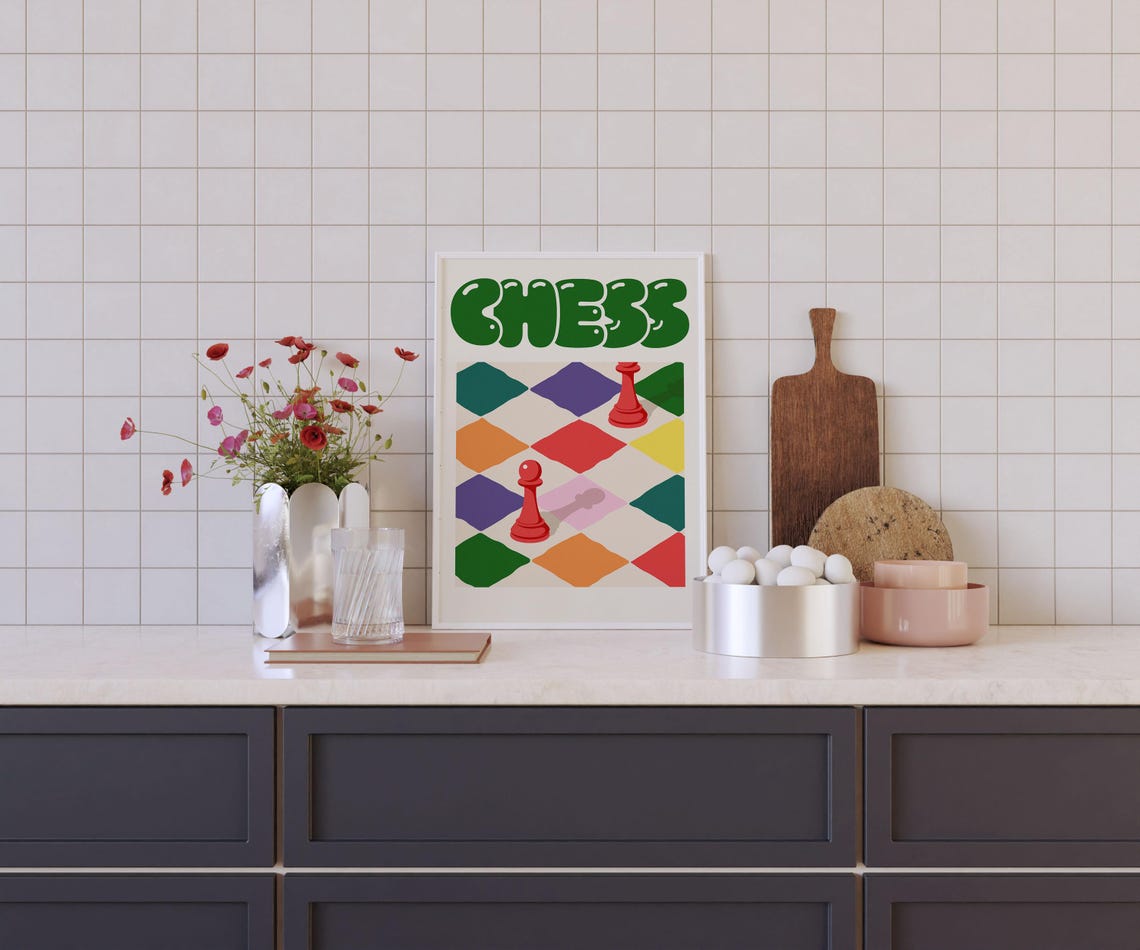 Retro Chess Game Green Bubble Letter Colorful Game Decor Poster - Image 2