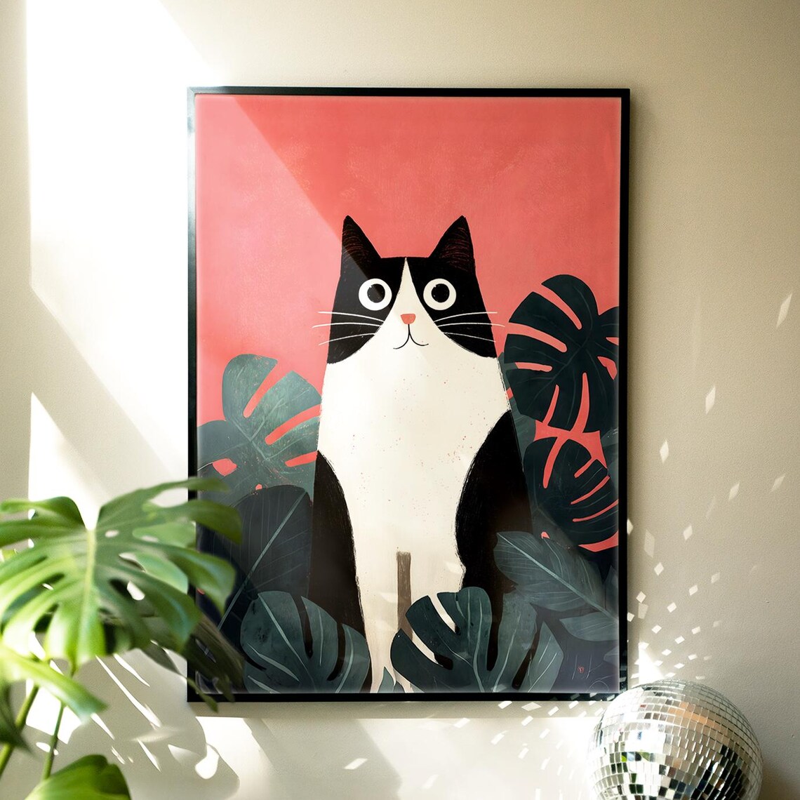 Black and White Cat Monstera Leaves Coral Pink Bold Pop Art Poster
