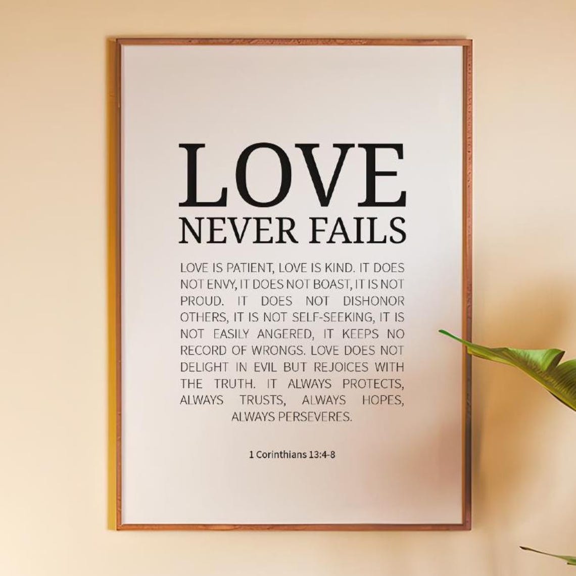 Love Never Fails 1 Corinthians 13 4-8 Bold Serif Scripture Poster