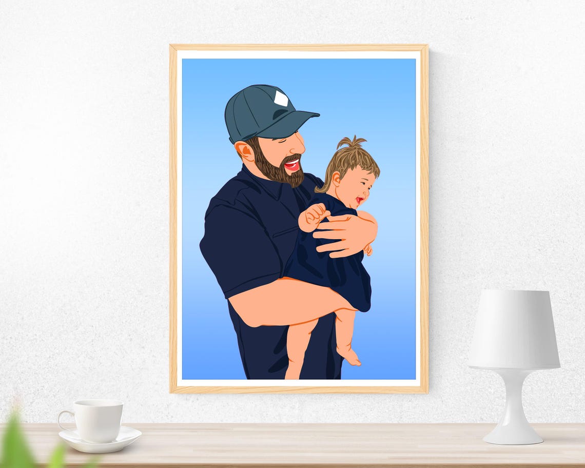Custom Dad Holding Laughing Baby Portrait Illustration Poster