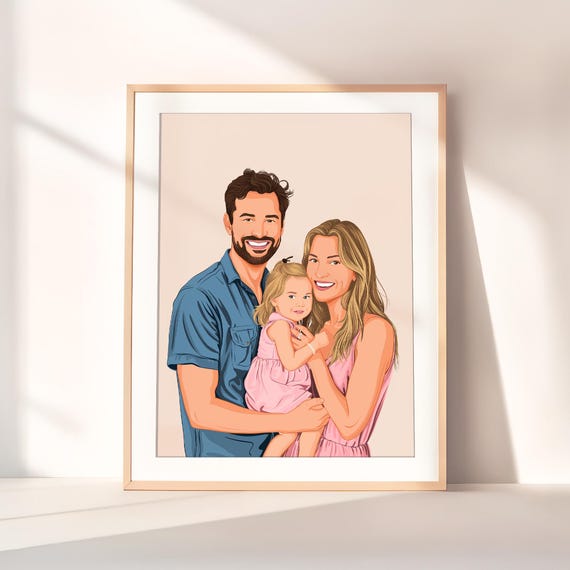 Custom Family Portrait Illustration Parents And Toddler Neutral Gift Poster