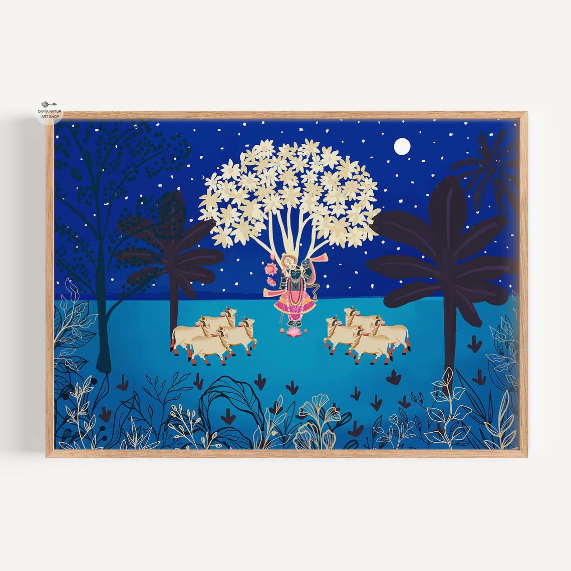 Pichwai Krishna Under Moonlit Tree With Cows Blue Night Folk Poster