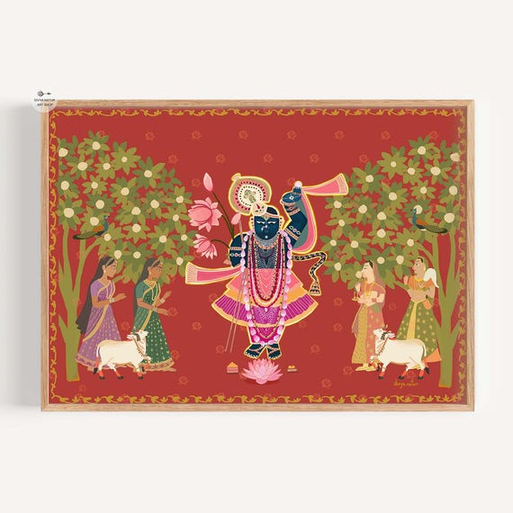 Pichwai Krishna With Gopis Under Trees Red Folk Art Print Divine Spiritual Wall Decor Vedic Love Bhakti