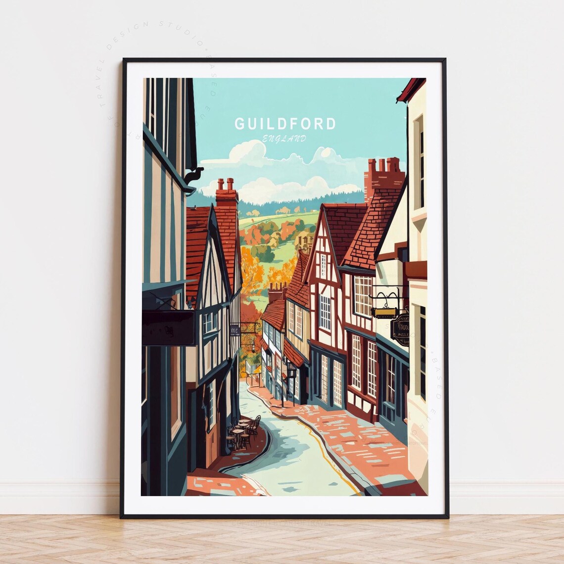 Guildford England Charming Old Street Town View Autumn Travel Poster
