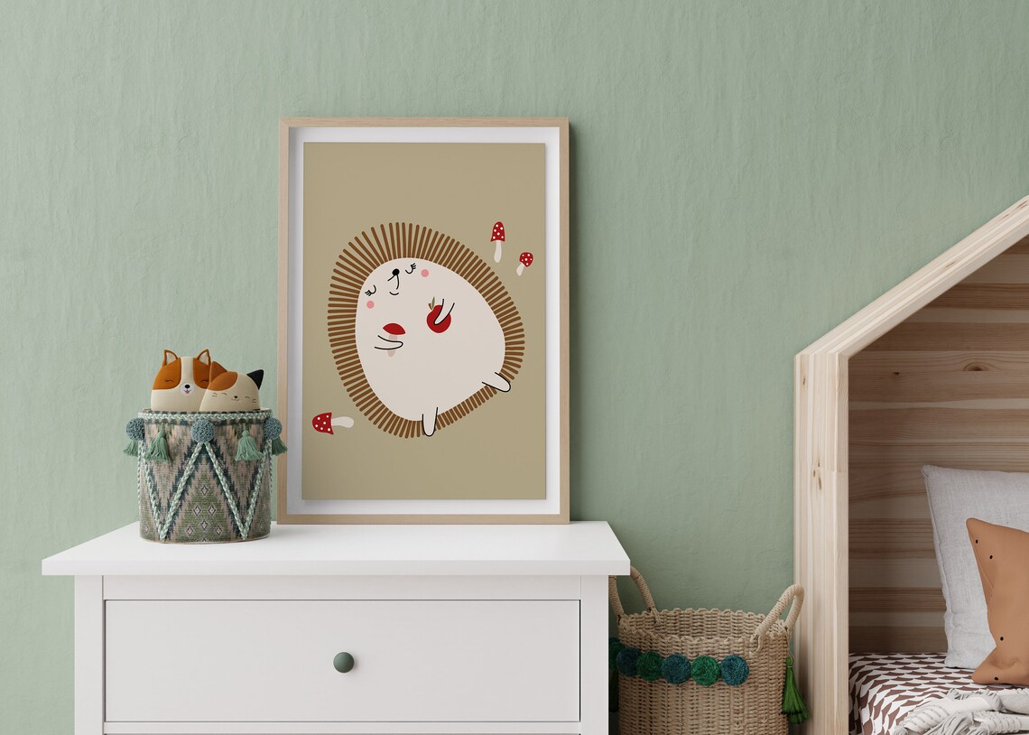 Cute Hedgehog Nursery Wall Art Woodland Baby Animal Mushroom Kids Room - Image 2