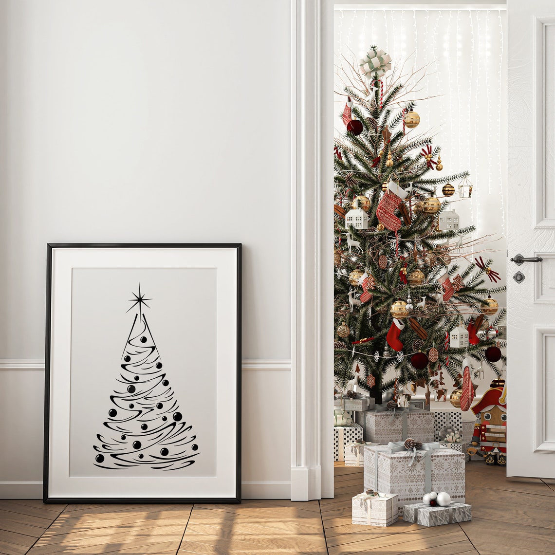 Minimalist Black Line Art Christmas Tree Star Modern Holiday Poster - Image 2